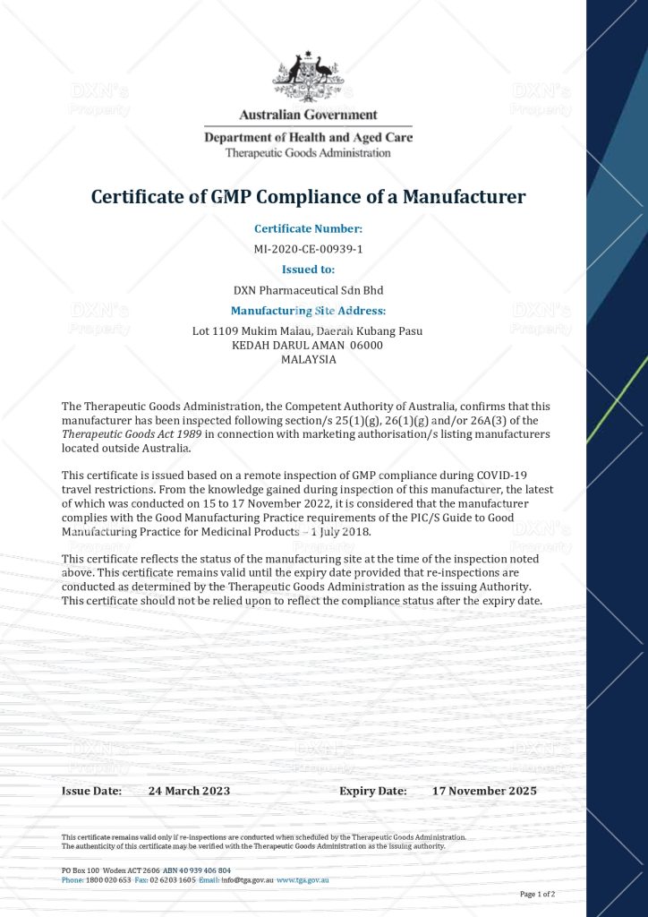 GMP CERTIFICATE OF MANUFACTURING FACILITY FROM TGA, AUSTRALIA